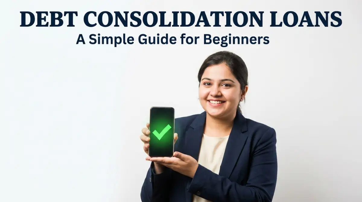 A happy fair-skinned woman with a round face looking at her phone, representing a simple guide to debt consolidation loans.