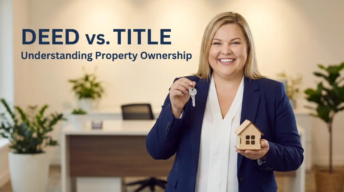 A professional photo of a fair-skinned female model with a round face sitting in a bright office, representing the legal difference between a deed and a title in real estate.