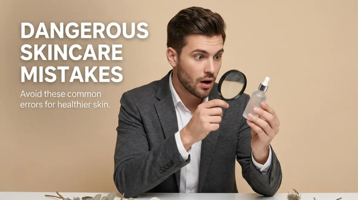A smart young man looking surprised while reading a skincare ingredient label, highlighting the dangerous mistakes consumers make when choosing beauty products.