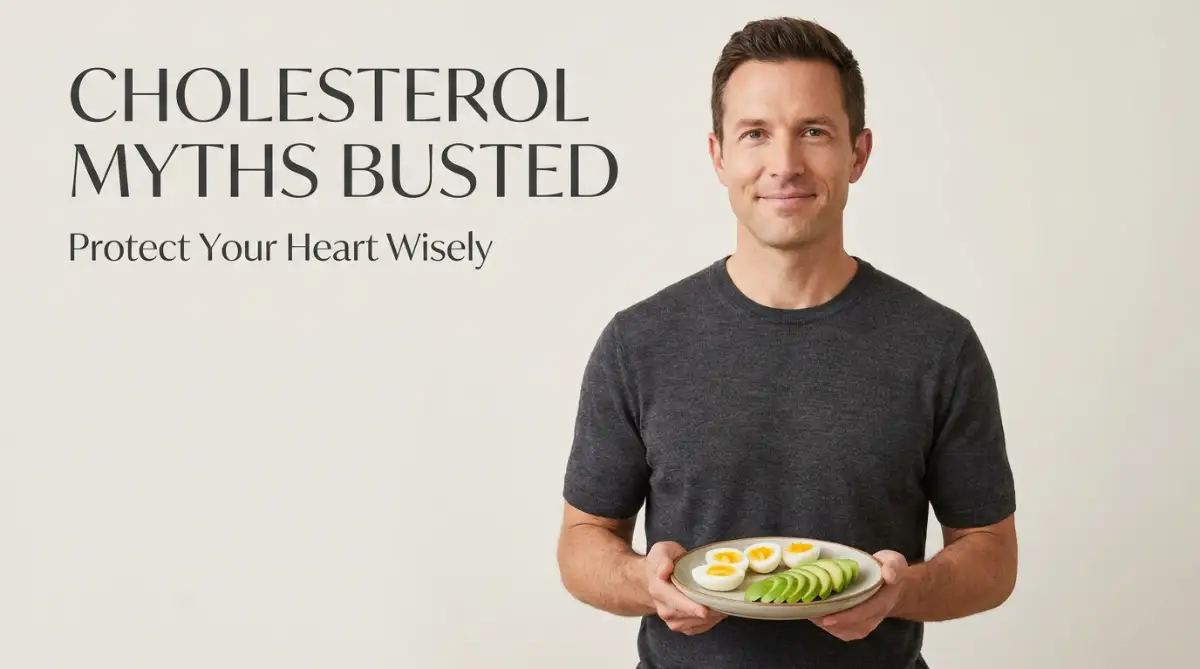 A smart young man holding a healthy plate of eggs and avocado, demonstrating the truth behind debunking dietary cholesterol myths for better heart health.