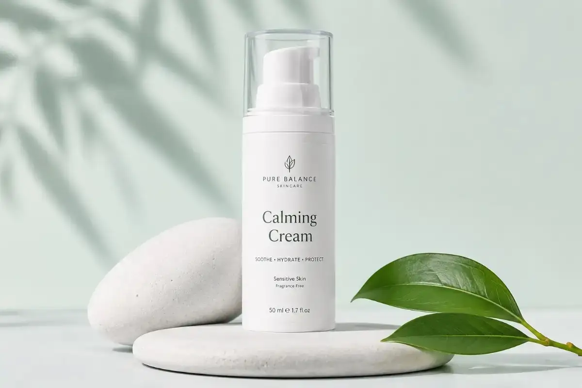 A close-up of a person applying a gentle moisturizer to their face to soothe redness