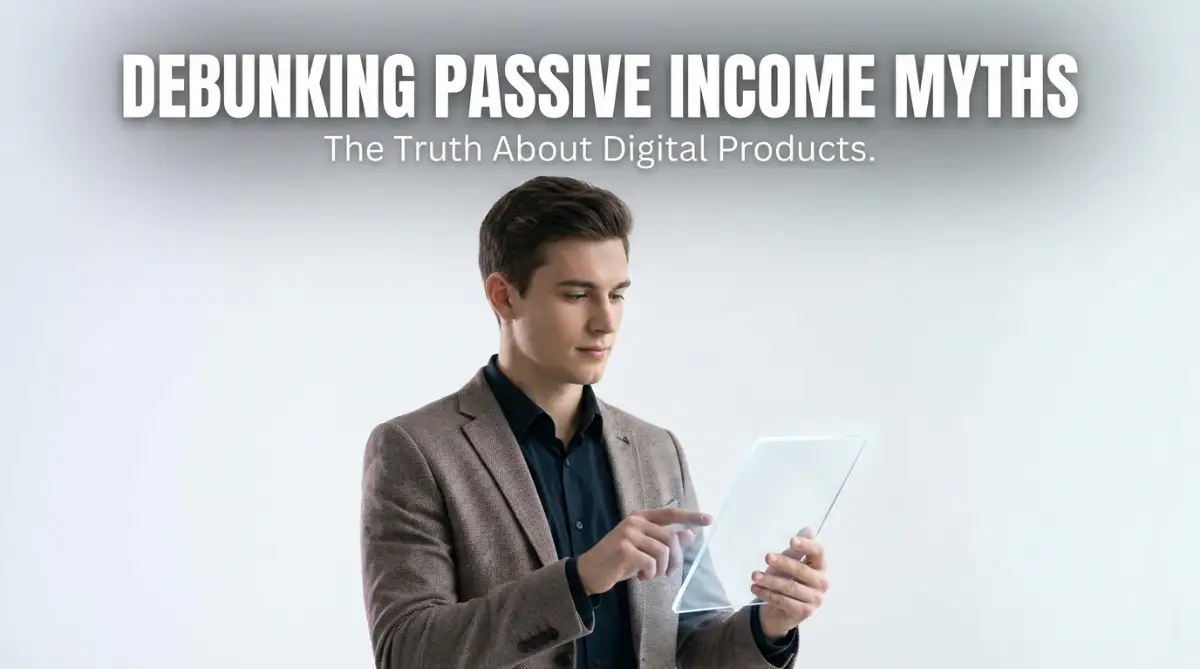 A smart young man looking at a digital tablet with text debunking digital product passive income myths.