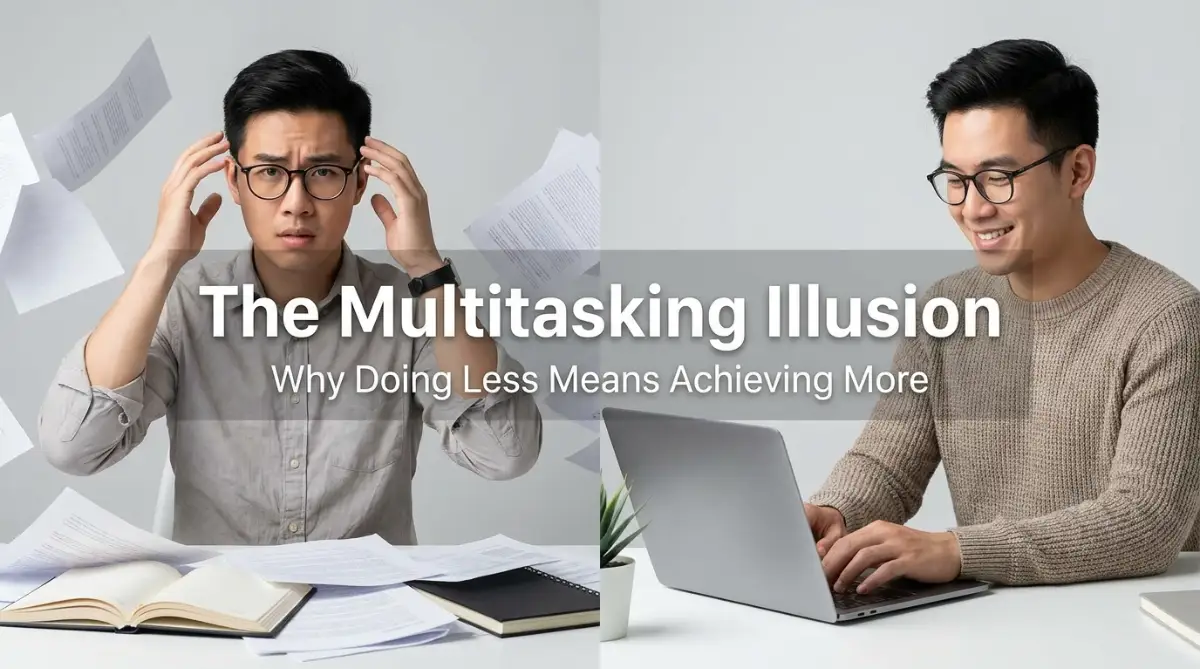 A split screen showing a stressed young man surrounded by paper clutter compared to a relaxed man focusing on a single laptop, illustrating the multitasking myth.
