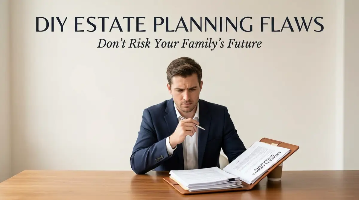 A smart young man looking concerned while reviewing DIY estate planning documents on a clean desk, highlighting the hidden flaws in self-made wills.