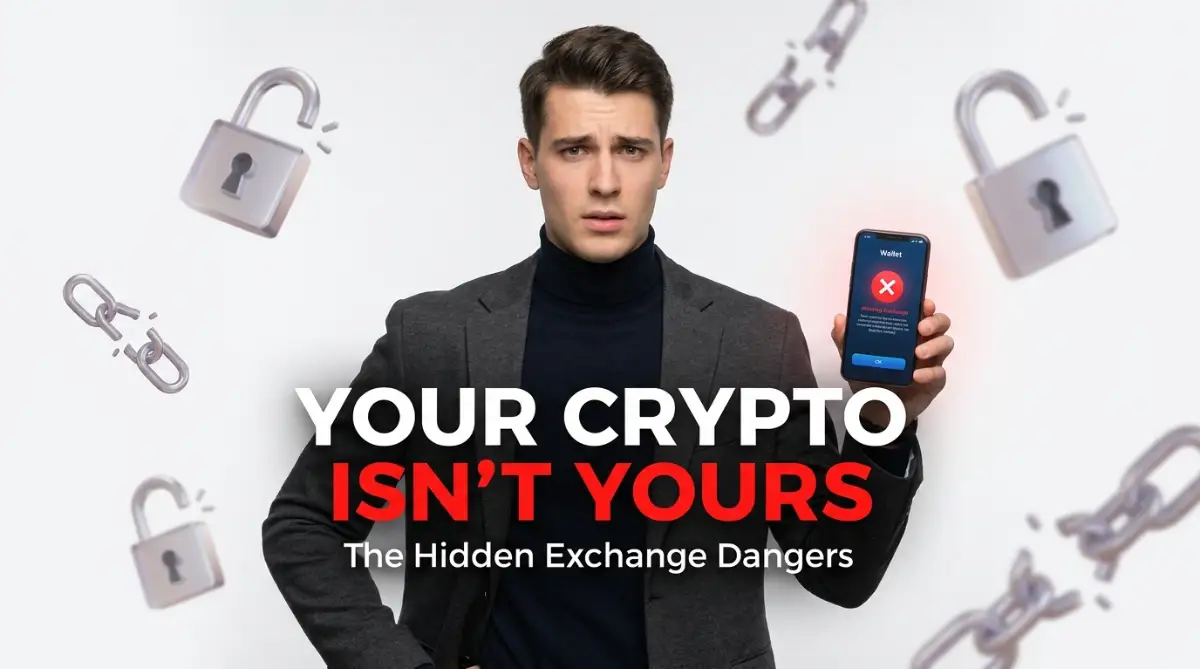 A smart young man looking concerned at his smartphone showing a warning sign, representing the hidden security vulnerabilities of leaving digital assets on centralized platforms.