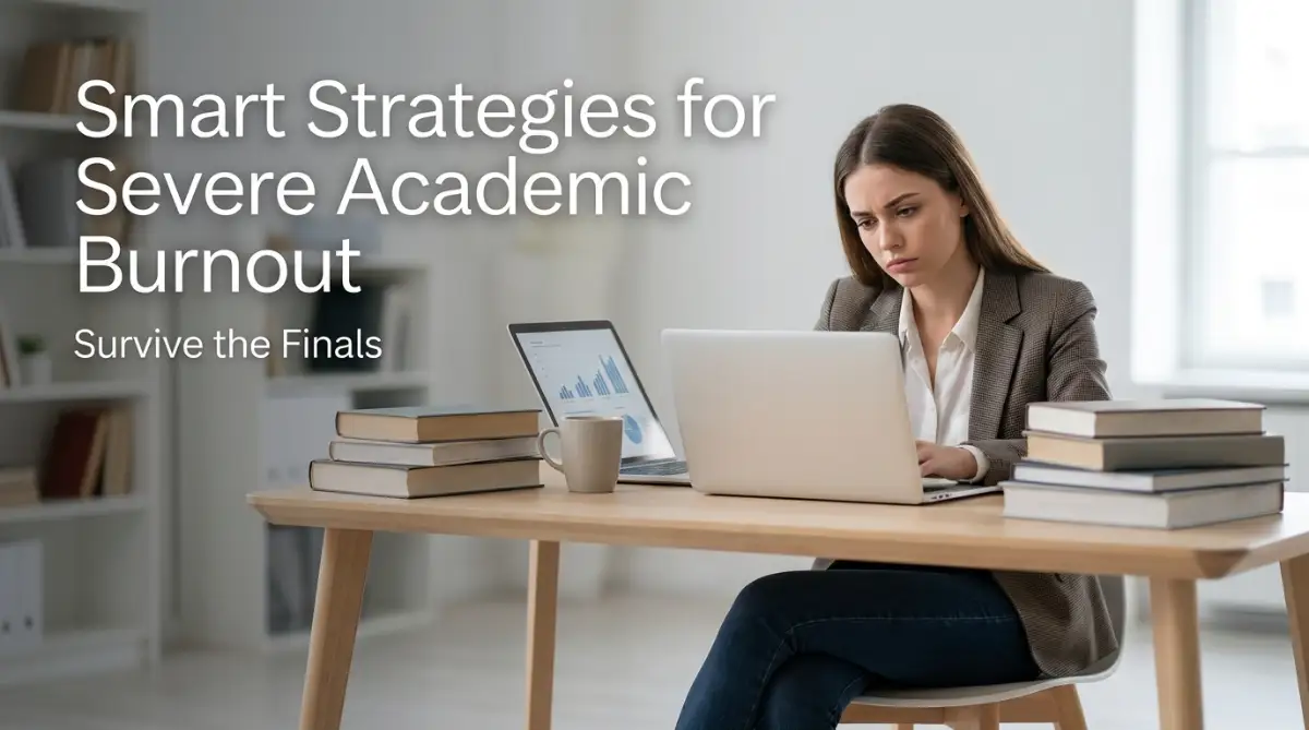 A smart male college student sitting at a neat study desk thoughtfully looking at his notes, representing practical ways to manage severe academic burnout during finals