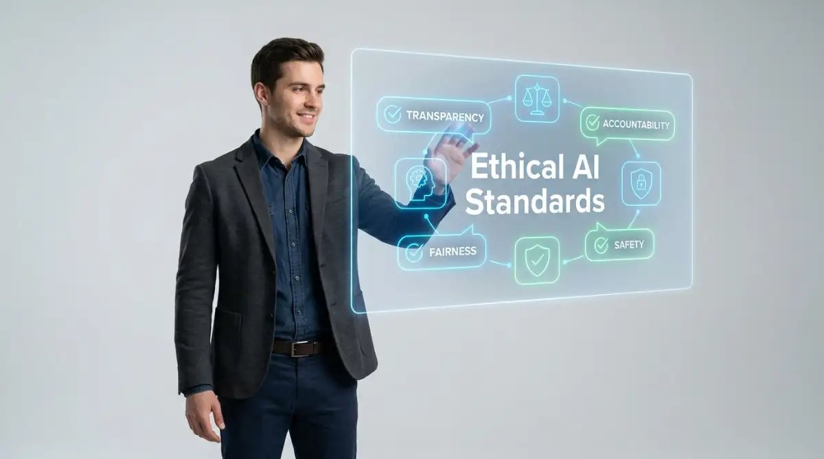 A smart young male developer interacting with a digital screen that displays ethical compliance standards for algorithmic decision systems to ensure fair artificial intelligence.