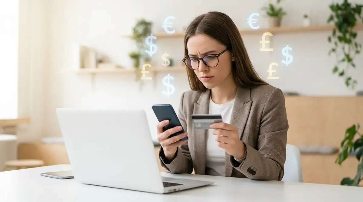 A smart 25-year-old female digital nomad looking focused while holding a smartphone and credit card, representing the costly financial mistakes first-time travelers make when managing multiple currencies.