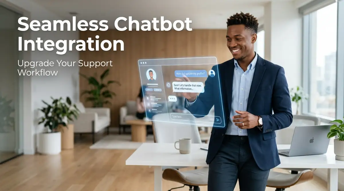 A smart young professional managing a customer support workflow using a seamless smart chatbot integration.
