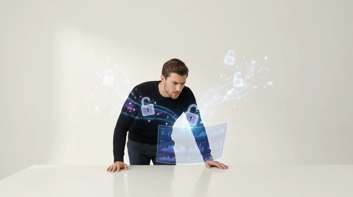 A worried young man looking at a glowing digital screen showing locked personal data during a major cybersecurity breach