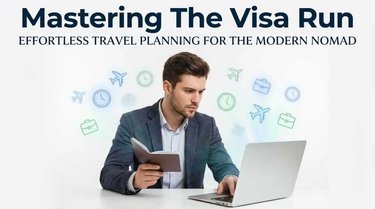 A focused young man managing his remote work client deliverables while holding his passport during an unexpected visa run.